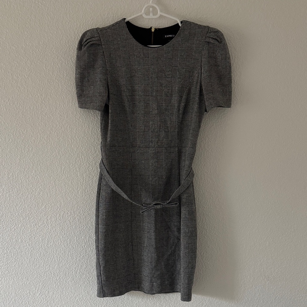 Express Gray Plaid Puff-Sleeve Sheath Dress with Self-Tie Belt